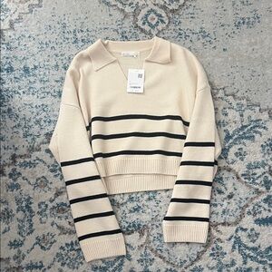 OAK + FORT Cream and Black Striped V-Neck Sweater